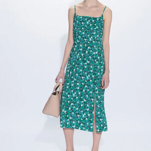 NWT Uniqlo Printed Front Slit Green Floral Camisole Midi Dress Size XS